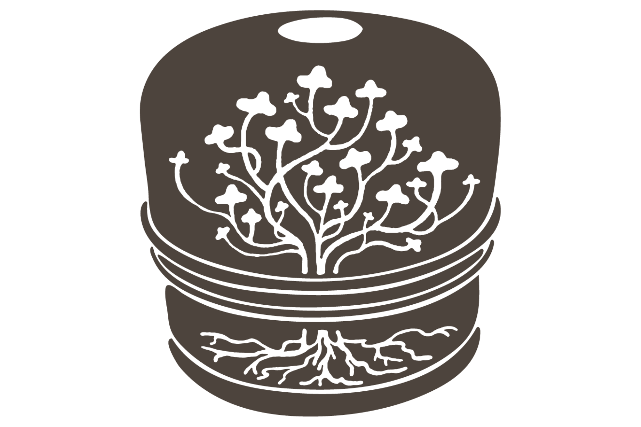 A stylized black and white illustration of a round container featuring a tree design, with roots and branches intricately detailed