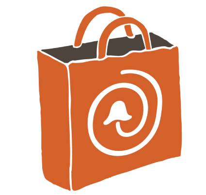 An orange shopping bag with a black spiral logo and two handles, designed in a simple, abstract style